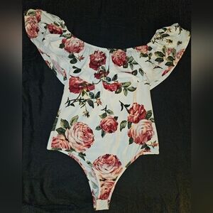 Floral Off The Shoulder Body Suit in White with Rose Print